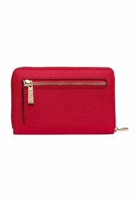 Red zipped wallet with textured material, featuring a front pocket and gold-tone hardware, rectangular shape, and smooth finish.