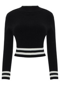 Schwarzer, gerippter, kurzer Strickpullover mit hohem Kragen. Mit weißen Streifen am Saum und an den Ärmelbündchen. Weiche Textur und enganliegendes Design.