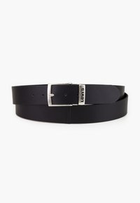 Black leather belt with a silver rectangular buckle. Features a smooth texture and multiple notch holes for adjustment. Marked with "Levi's."