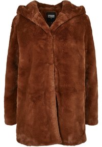 Brun faux fur hoodie med en blød tekstur, der har en frontåbning og ingen synlige lukninger. Casual design med en afslappet pasform.