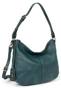 Borsa a spalla in pelle teal con un design morbido e rilassato, dettagli in metallo dorato e tracolla regolabile per opzioni di trasporto versatili.