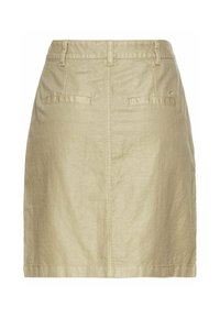 Jupe en lin beige avec une coupe droite, dotée de deux poches arrière et d'une taille, rehaussée de coutures ton sur ton pour un aspect épuré.