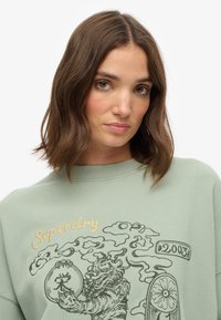 Lichtgroene sweatshirt met een ronde halslijn, voorzien van een zwart grafisch ontwerp van een leeuw en gouden geborduurde "Superdry" tekst.