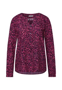 Långärmad tröja i mörklila med ett rosa abstrakt mönster, V-ringning och knapprad. Tillverkad i ett lätt, strukturerat tyg.
