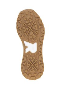 Semelle en caoutchouc avec un design de semelle à motif, présentant des formes triangulaires et géométriques, de couleur marron avec des accents blancs.