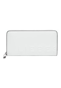 White leather wallet with embossed "LIEBES" logo, sleek rectangular shape, contrasting black zipper, and stitching details.