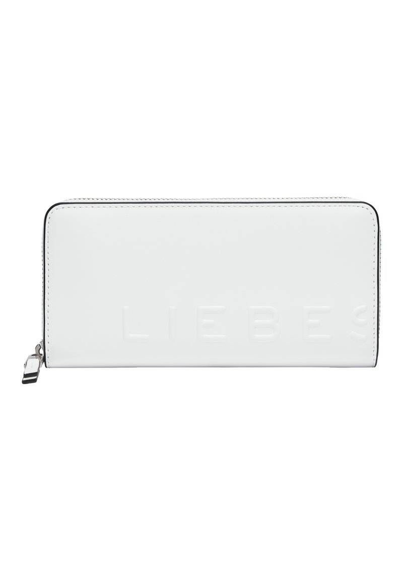 White leather wallet with embossed "LIEBES" logo, sleek rectangular shape, contrasting black zipper, and stitching details.