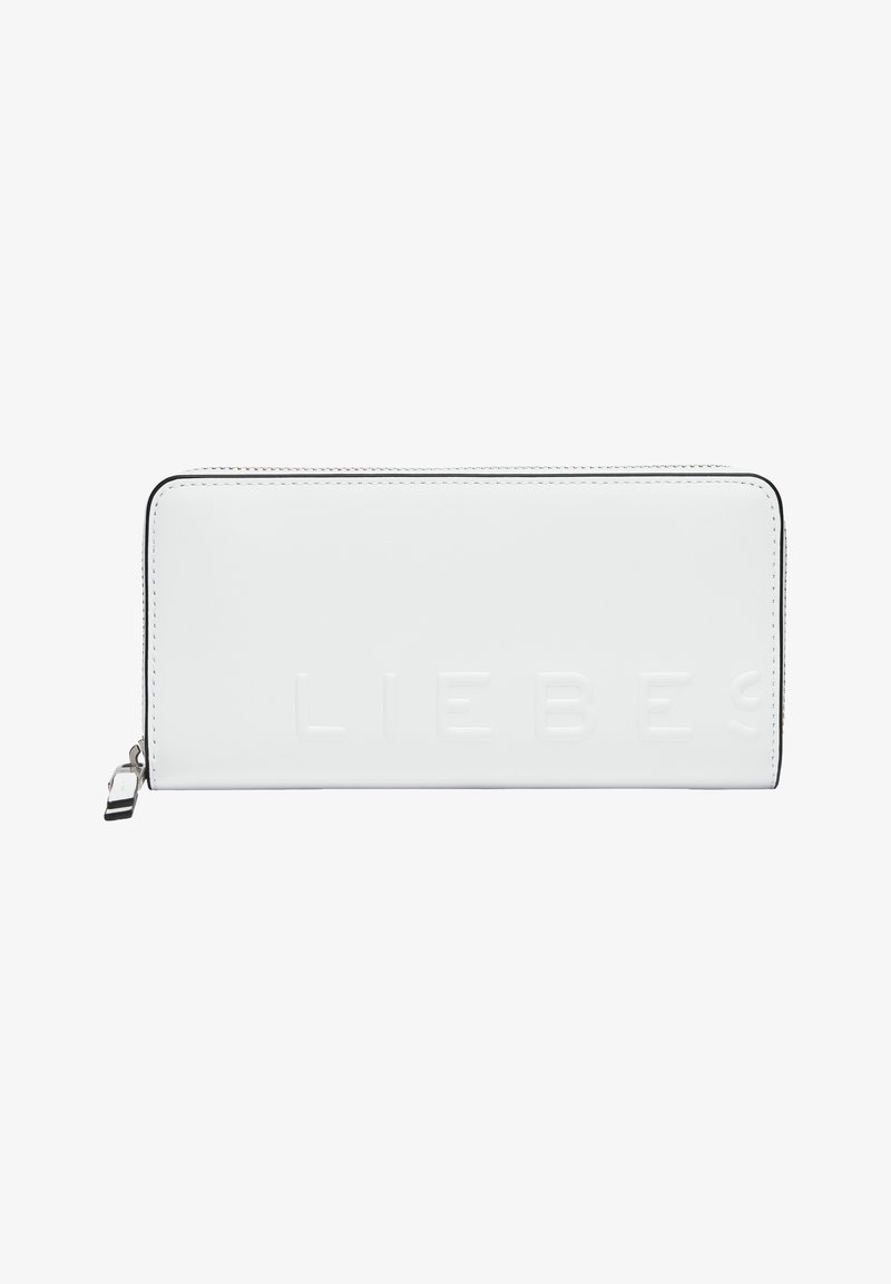 White leather wallet with embossed "LIEBES" logo, sleek rectangular shape, contrasting black zipper, and stitching details.