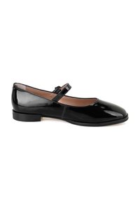 Schwarze Lackleder-Mary-Jane-Schuhe mit runder Zehe, Knöchelriemen und niedrigem Absatz, die eine glatte, glänzende Textur aufweisen.