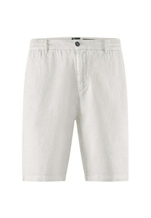 Pantaloni corti bianchi in lino con cintura elasticizzata e chiusura a un bottone. Presentano un davanti piatto e nessun motivo o dettaglio visibile.