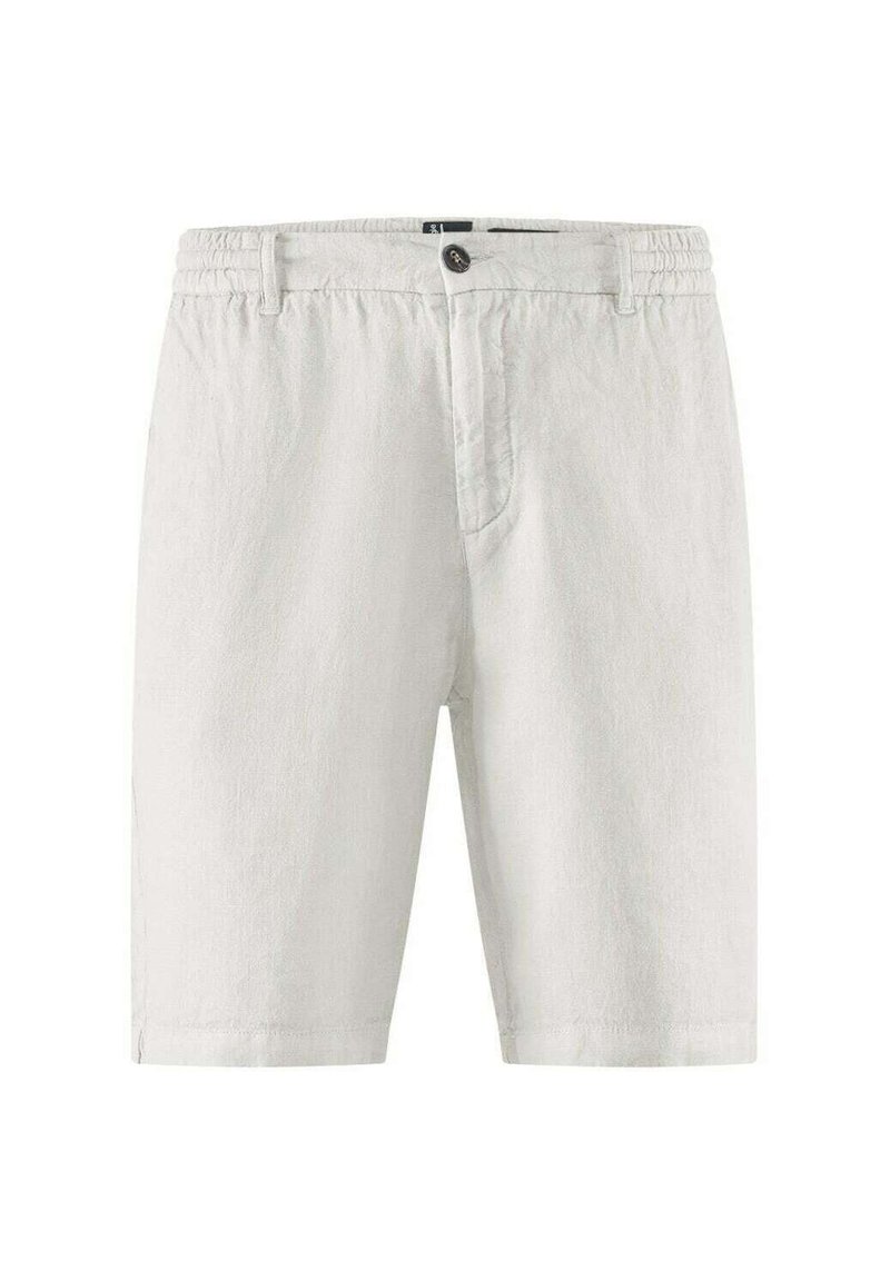 Pantaloni corti bianchi in lino con cintura elasticizzata e chiusura a un bottone. Presentano un davanti piatto e nessun motivo o dettaglio visibile.
