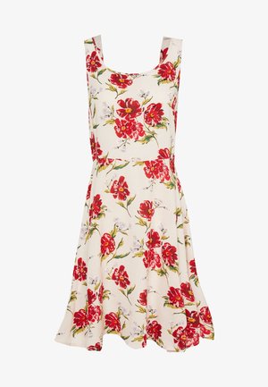 Robe florale avec un fond crème et des fleurs rouges entourées de feuilles vertes. Décolleté carré, sans manches et bas évasé. Tissu en mélange de coton.