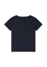 T-shirt di cotone blu navy con maniche corte e orlo scallop; presenta delle aperture a fiore in stile eyelet lungo il bordo inferiore.