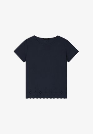 Camiseta de algodón azul marino con mangas cortas y dobladillo en forma de ondas; presenta recortes florales de ojal a lo largo del borde inferior.