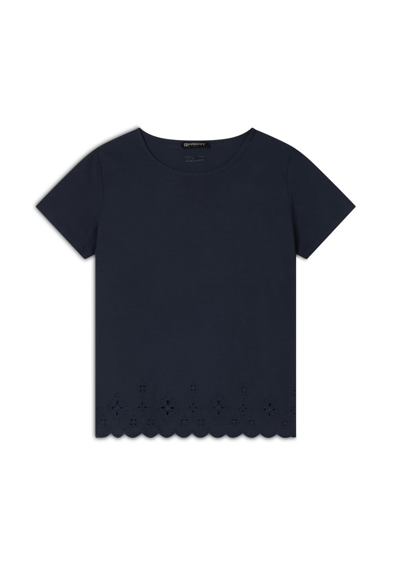 T-shirt di cotone blu navy con maniche corte e orlo scallop; presenta delle aperture a fiore in stile eyelet lungo il bordo inferiore.