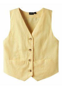 Chaleco de lino amarillo con diseño en V, que presenta cinco botones de madera y dos bolsillos frontales. Textura suave y ajuste entallado.