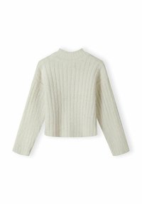 Gekürzter Cremepullover mit langen Ärmeln, gerippter Textur, hohem Ausschnitt und einem weichen, fuzzy Aussehen.
