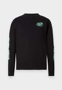 Zwart langetermijn t-shirt van katoen met mintgroene grafische accenten op de borst en mouwen, voorzien van een ronde hals en rechte snit.