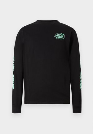 Long-sleeve black t-shirt in cotton with mint green graphic accents on the chest and sleeves, featuring a crew neck and straight cut.