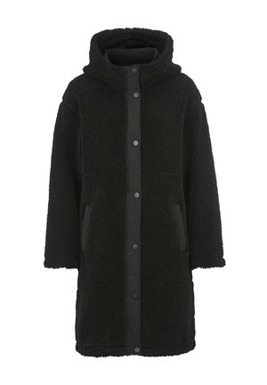 Black fleece coat with a hood, featuring a buttoned front closure, two side pockets, and textured material design.