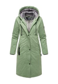 Light green long jacket with a quilted gray hood, zipper closure, black hardware accents, and two side pockets. Textured fabric with a relaxed fit.