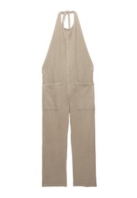 Beige Overall aus weichem Stoff, mit einem Halterneck-Design, zwei Fronttaschen und geradem Bein.