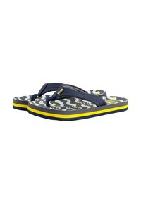Navyblaue Flip-Flops mit einem texturierten Riemen, ausgestattet mit einer grauen Sohle, die ein wellenförmiges weißes und gelbes Muster sowie gelbe Seitenakzente aufweist.