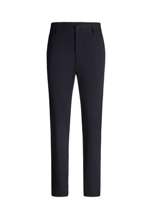 Pantalon noir slim avec bouton et passants pour ceinture, jambes droites et poches avant, présenté sur un fond blanc.