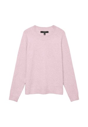 Pull léger rose avec un col rond, de longues manches raglan et des poignets et un ourlet côtelés. Texture douce avec une coupe décontractée.