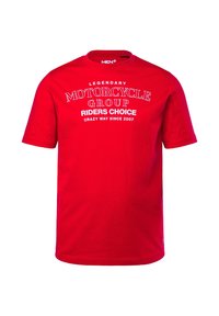 Camiseta de algodón roja con mangas cortas y escote redondeado. El texto frontal incluye "Grupo Motociclista Legendario" en blanco y negro.
