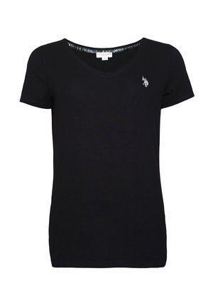 T-shirt nera a maniche corte con scollo a V e piccolo logo bianco U.S. Polo Assn. sul petto a sinistra.