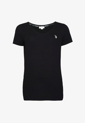 Fekete rövid ujjú V-nyakú póló kis fehér U.S. Polo Assn. logóval a bal mellrészen.