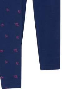 Leggings bleu marine en tissu doux, ornés de motifs d'animaux et de lettres roses répartis sur tout le design. Ourlets et taille sans couture.