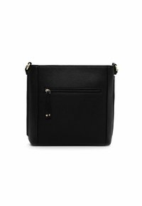 Borsa a crossbody nera in pelle con finitura testurizzata, dotata di una tasca frontale con zip e dettagli in metallo dorato. Design a forma quadrata.