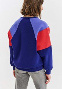 Bluza w kolorowe bloki, z panelami w kolorze fioletowym, czerwonym i niebieskim. Miękki materiał z prążkowanymi mankietami i dołem. Luźny krój z opadającymi ramionami.