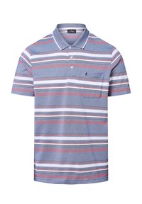 Multikleurige polo t-shirt met korte mouwen, met horizontale strepen in blauw, rood en wit, voorzien van een kraag en een borstzak.