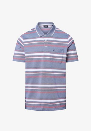 Mehrfarbiges kurzärmliges Poloshirt mit horizontalen Streifen in Blau, Rot und Weiß, mit einem Kragen und einer vorderen Tasche.