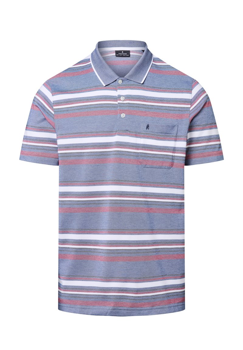 Multikleurige polo t-shirt met korte mouwen, met horizontale strepen in blauw, rood en wit, voorzien van een kraag en een borstzak.