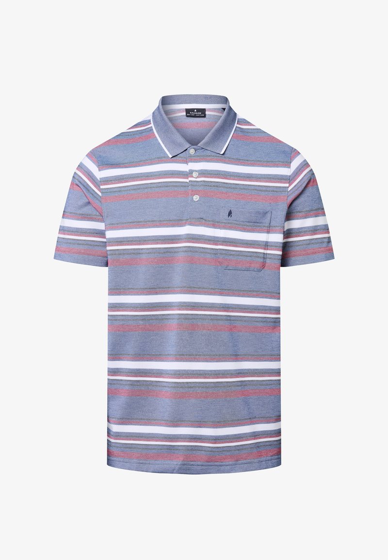 Multikleurige polo t-shirt met korte mouwen, met horizontale strepen in blauw, rood en wit, voorzien van een kraag en een borstzak.