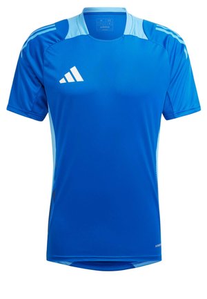 Blue athletic jersey made of synthetic fabric. Features short sleeves, a crew neckline, and white Adidas logo with three stripes on the shoulders.