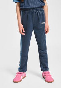 Marineblaue Sporthose mit hellblauen Seitenstreifen und elastischem Bund, mit weißem "hummel"-Logo. Kombiniert mit rosa Klettschuhen.