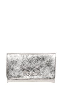 Silver metallic clutch wallet made from textured leather with a fold-over design and a decorative metal infinity symbol accent.