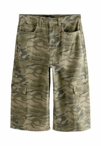 Cargo shorts i camouflage mønster, med flere lommer, en knaplukning og et robust bomuldsstof i jordfarver.