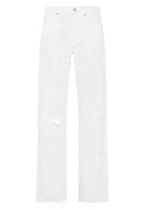 Fehér farmernadrág, széles lábbal, kopott térdrész részlettel és rojtos szegéllyel, normál gombos és cipzáras záródással.