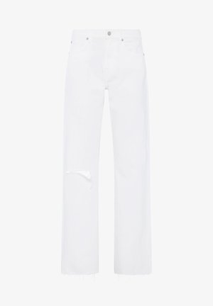 Fehér farmernadrág, széles lábbal, kopott térdrész részlettel és rojtos szegéllyel, normál gombos és cipzáras záródással.