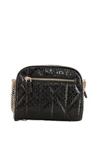 Borsa a tracolla nera in pelle verniciata con design a quatrei, tracolla in catena color oro, tasca con zip anteriore e motivo con logo su tutta la superficie.