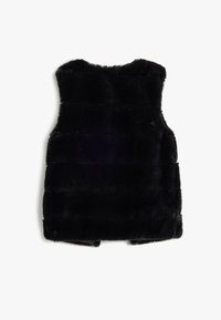 Gilet in pelliccia sintetica nera con un design corto, caratterizzato da cuciture orizzontali e una finitura liscia e testurizzata sulla superficie esterna.