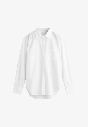 Cămașă albă cu mâneci lungi din bumbac, cu guler ce se încheie cu nasturi, buzunar frontal și tiv curbat. Textură netedă și design clasic.