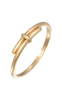 Goldfarbener Ring mit einem glatten, runden Band und einem auffälligen ovalen Akzent mit einem zentralen Knoten. Einfaches und modernes Design.