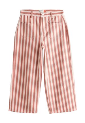 Wide-leg pants with vertical pink and white stripes, front patch pockets, belt loops, and a button closure.